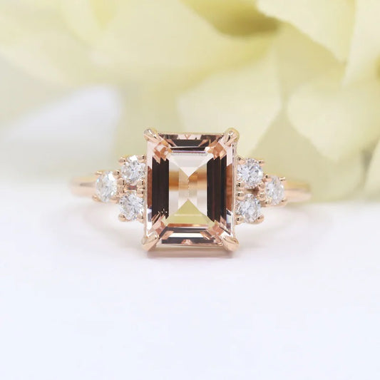 14K SQUARE MORGANITE DIAMOND CLUSTER RING