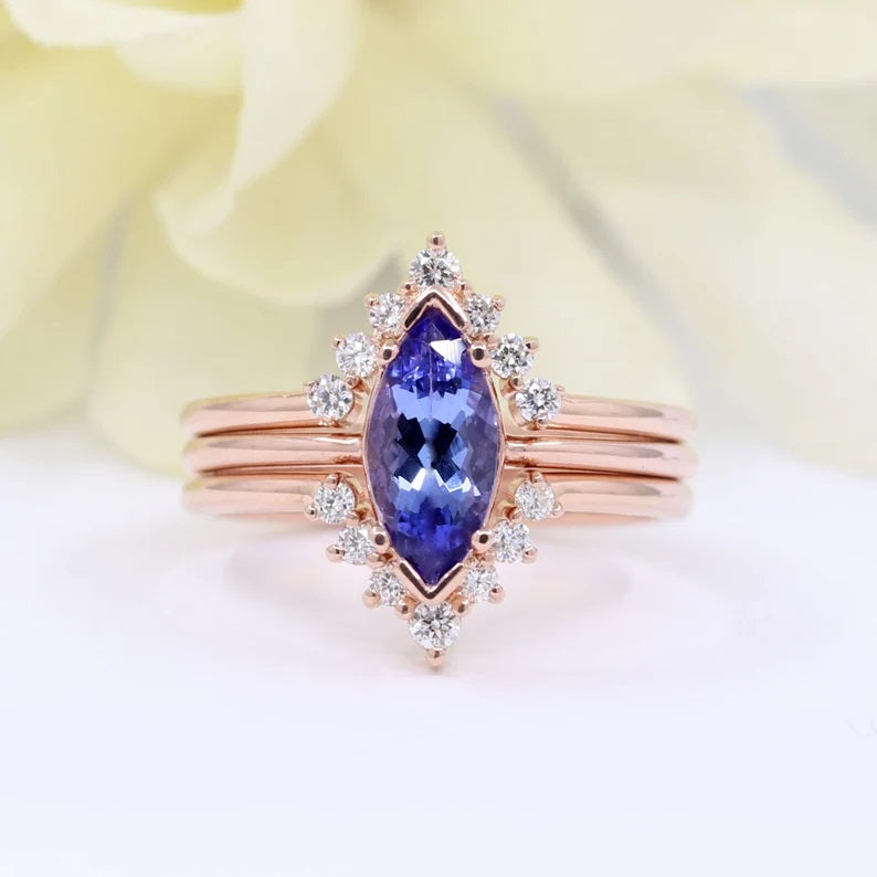 14K MARQUISE TANZANITE RING DIAMOND V BAND 3 RING SET