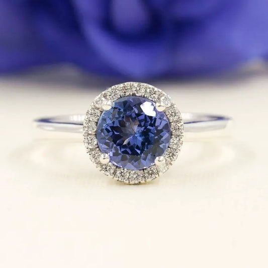 14K TANZANITE DIAMOND HALO SOLITAIRE RING