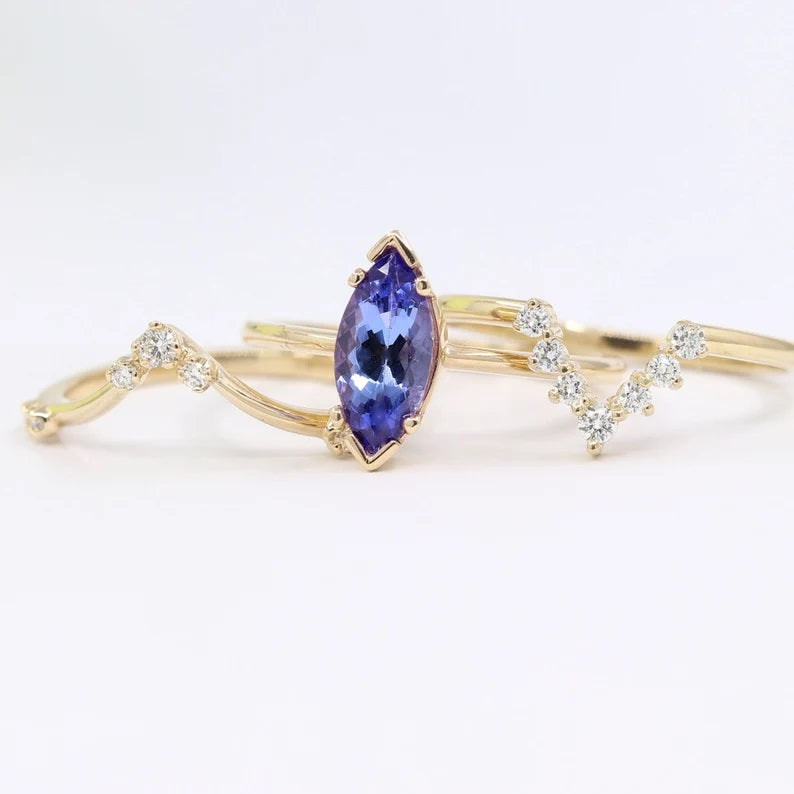 14K MARQUISE TANZANITE RING DIAMOND CHEVRON BAND 3 RING SET