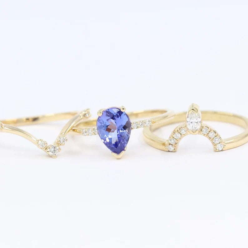 14K PEAR TANZANITE RING MARQUISE DIAMOND CROWN U BAND 3 RING SET