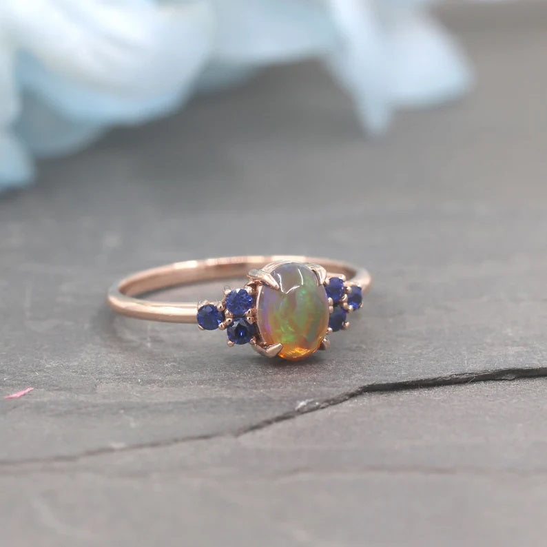 14K OVAL OPAL SAPPHIRE CLUSTER RING