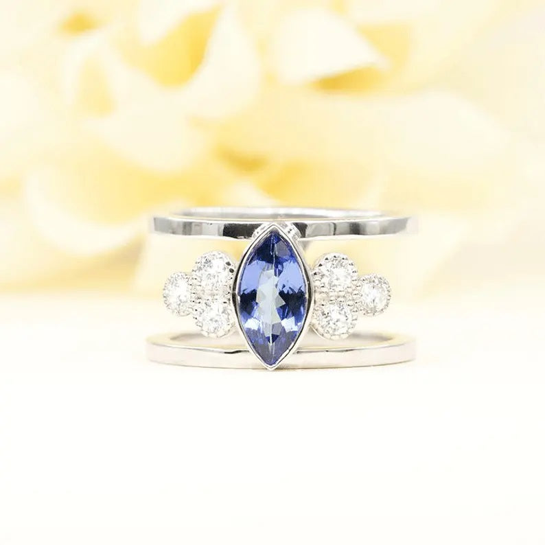 14K MARQUISE TANZANITE DIAMOND CLUSTER GUARD RING