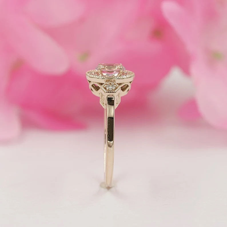 14K OVAL MORGANITE DIAMOND HALO VINTAGE STYLE RING