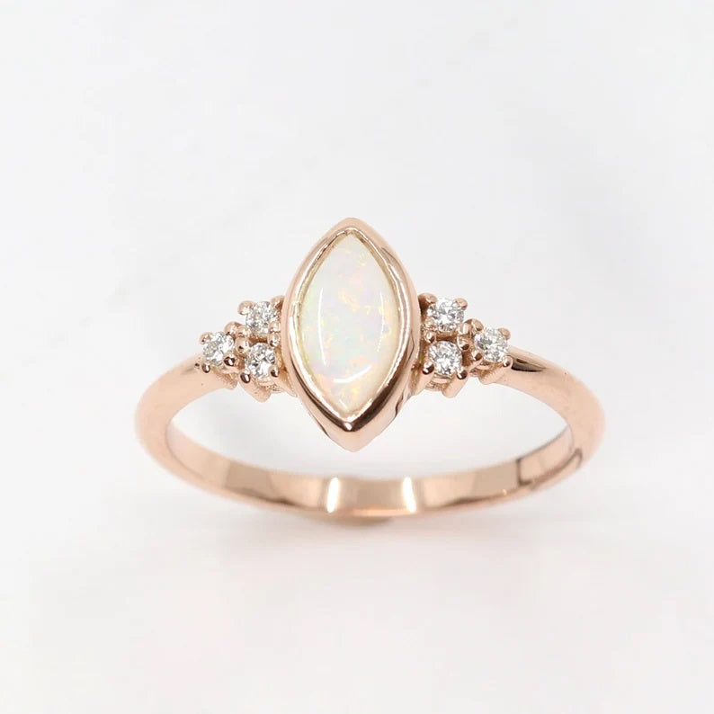 14K MARQUISE OPAL BEZEL DIAMOND CLUSTER RING