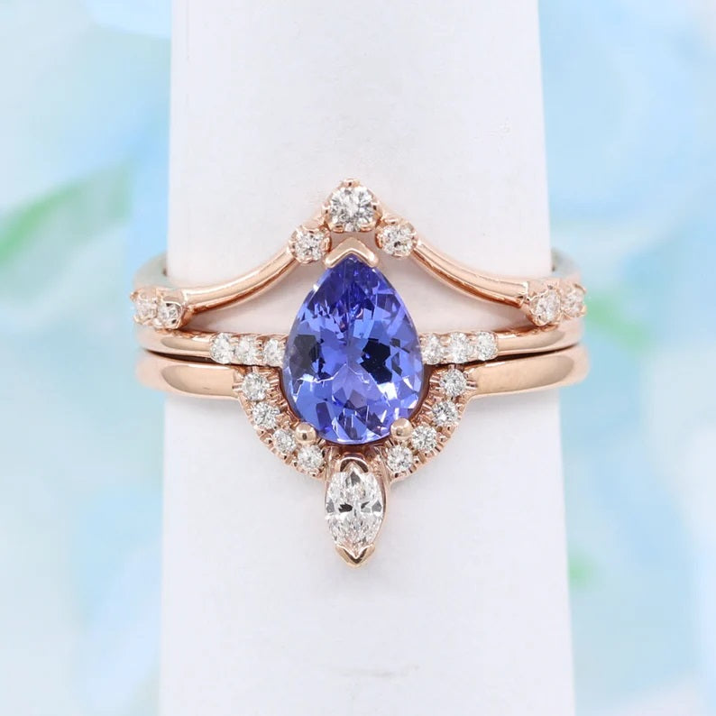 14K PEAR TANZANITE RING MARQUISE DIAMOND CROWN U BAND 3 RING SET