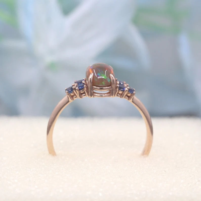 14K OVAL OPAL SAPPHIRE CLUSTER RING