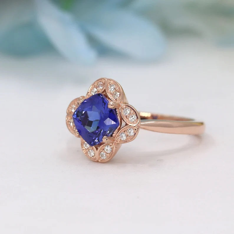 14K CUSHION TANZANITE DIAMOND FLOWER RING