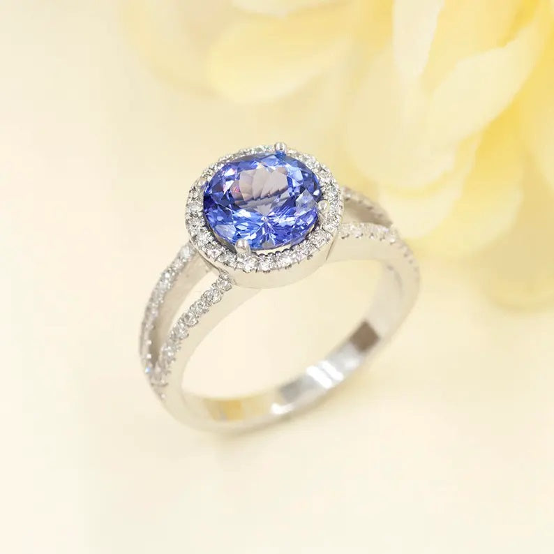 14K TANZANITE DIAMOND HALO DOUBLE BAND RING