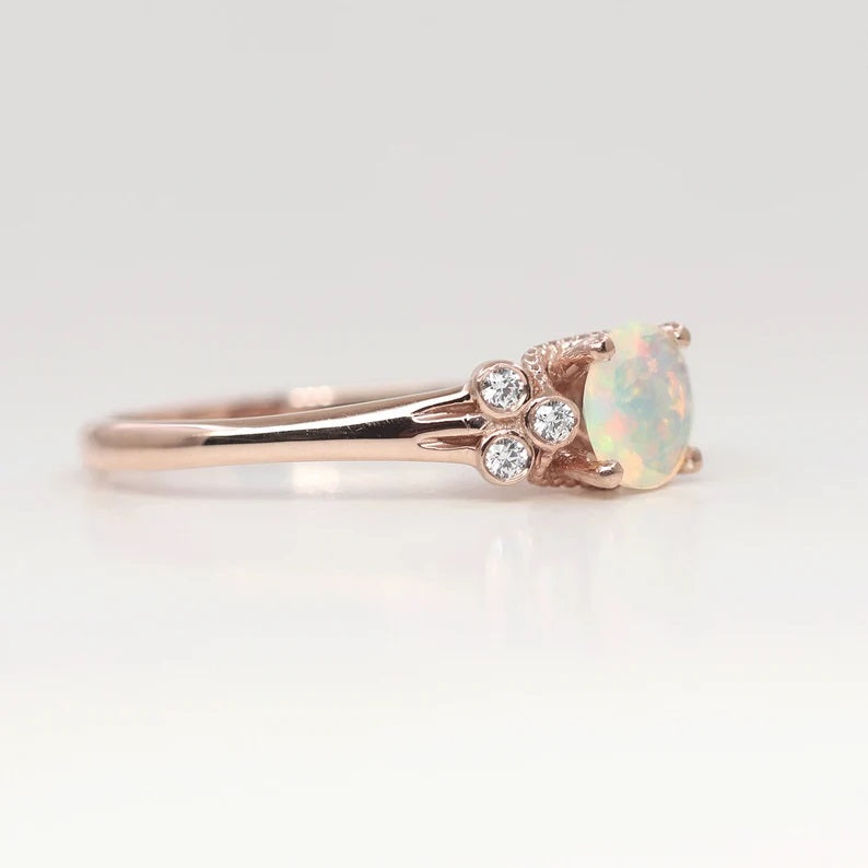 14K DIAMOND CUT ROUND OPAL DIAMOND BEZEL CLUSTER RING