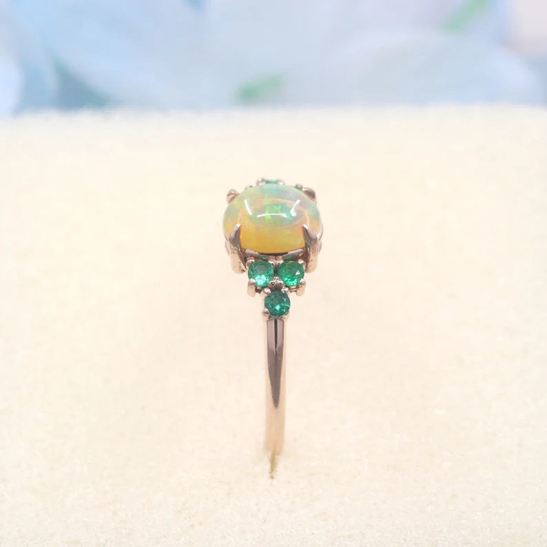 14K OVAL OPAL EMERALD CLUSTER RING