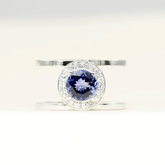 14K TANZANITE DIAMOND HALO GUARD RING