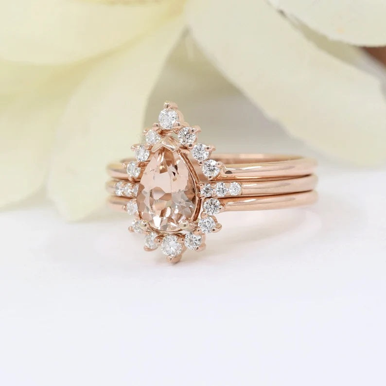 14K PEAR MORGANITE RING DIAMOND BAND 3 RING SET