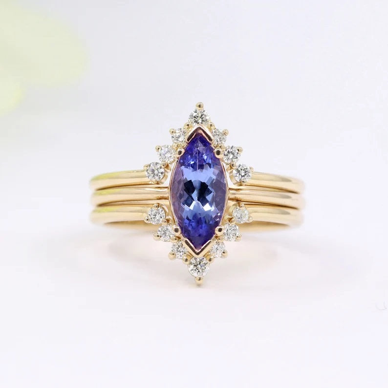 14K MARQUISE TANZANITE RING DIAMOND V BAND 3 RING SET