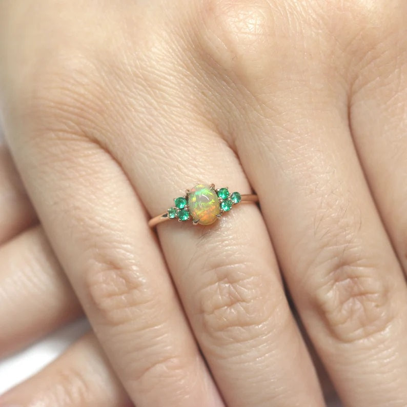 14K OVAL OPAL EMERALD CLUSTER RING