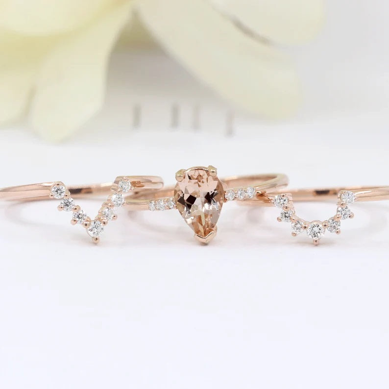 14K PEAR MORGANITE RING DIAMOND BAND 3 RING SET