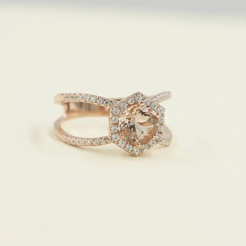 14K MORGANITE DIAMOND HALO HEXAGON DOUBLE BAND RING