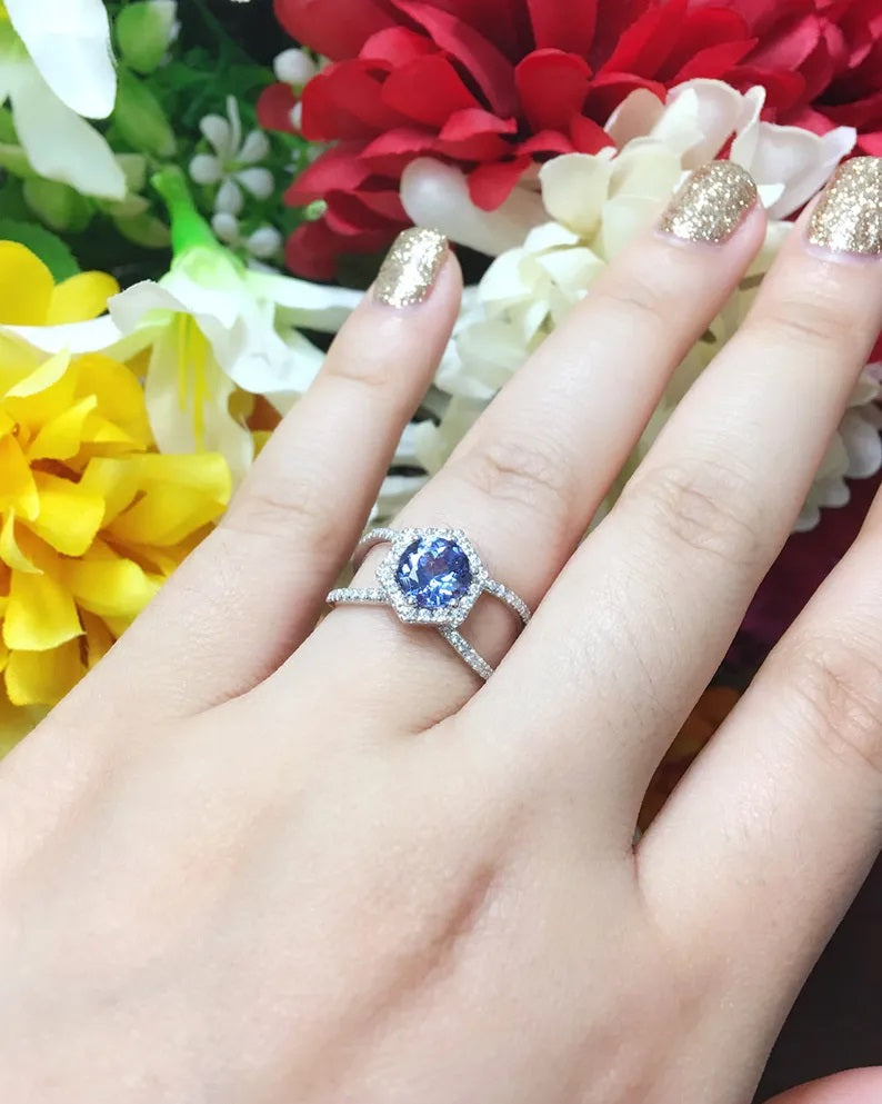 14K TANZANITE DIAMOND HALO HEXAGON DOUBLE BAND RING