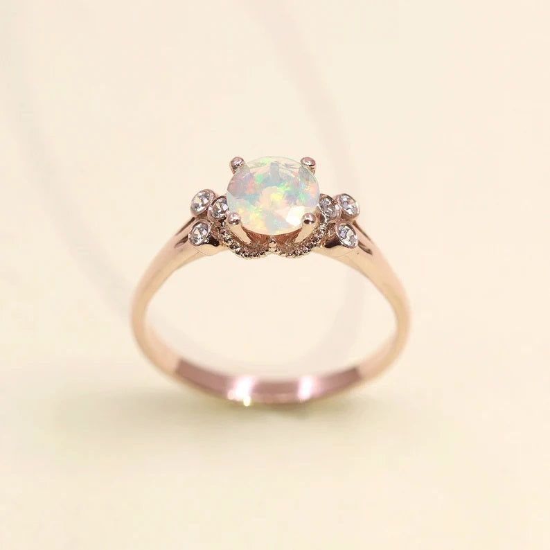 14K DIAMOND CUT ROUND OPAL DIAMOND BEZEL CLUSTER RING