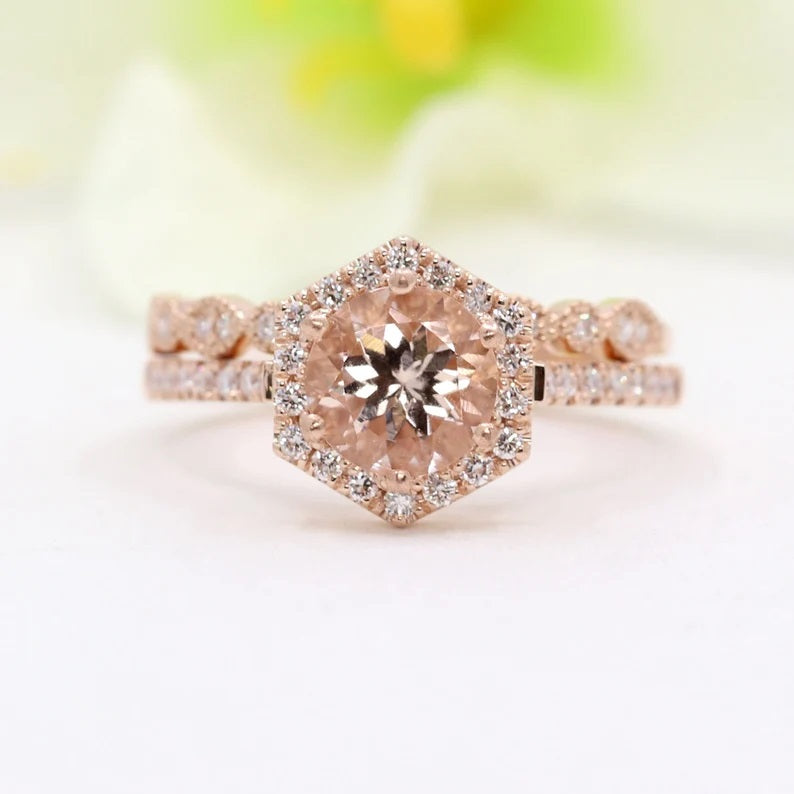 14K MORGANITE DIAMOND HALO HEXAGON RING ART DECO BAND 2 RING SET