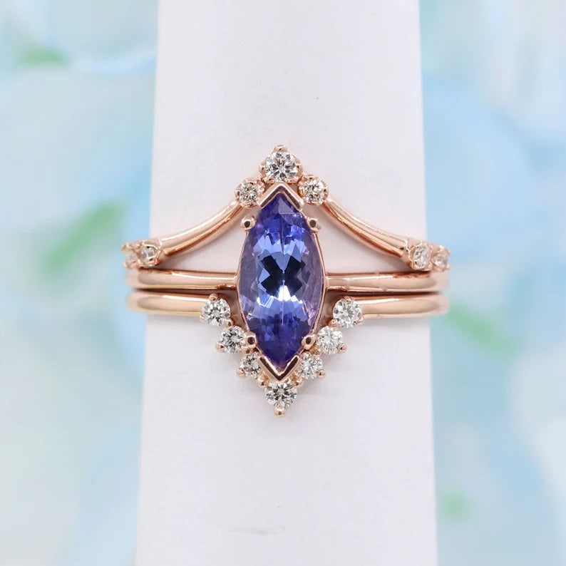 14K MARQUISE TANZANITE RING DIAMOND CHEVRON BAND 3 RING SET