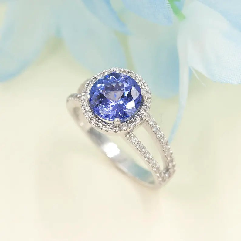 14K TANZANITE DIAMOND HALO DOUBLE BAND RING