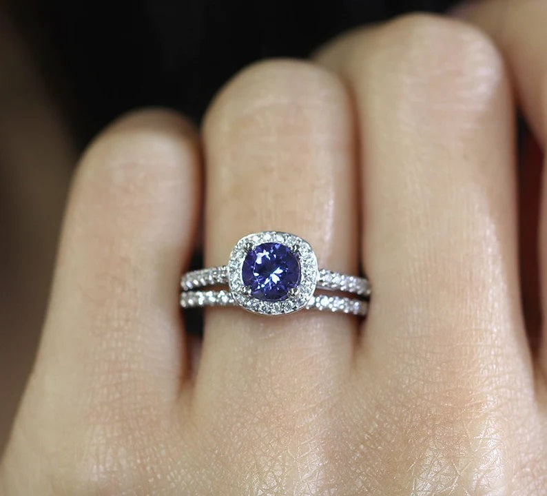 14K TANZANITE DIAMOND HALO RING DIAMOND BAND 2 RING SET