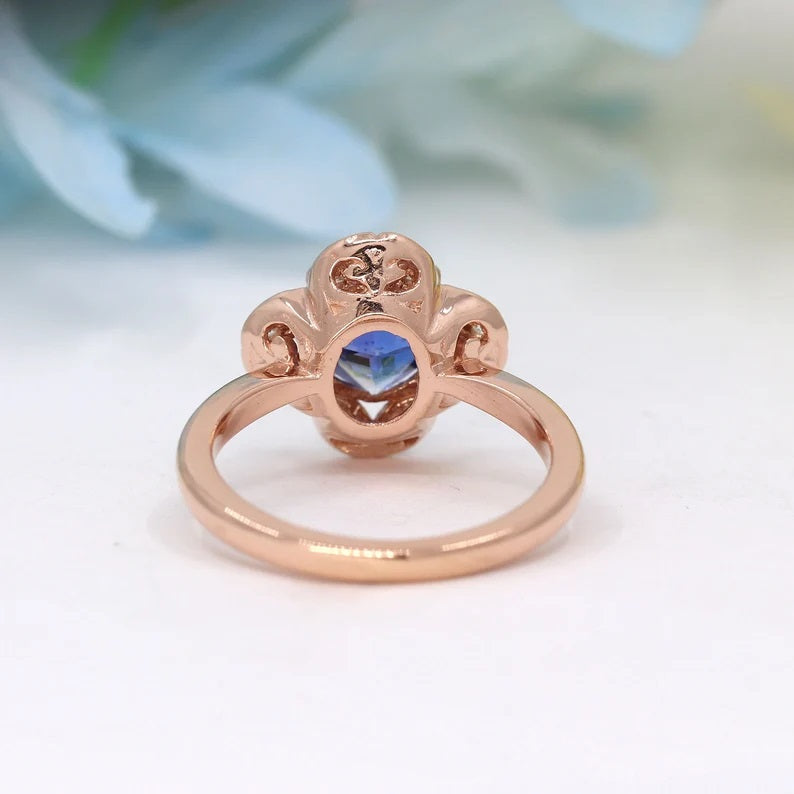 14K CUSHION TANZANITE DIAMOND FLOWER RING