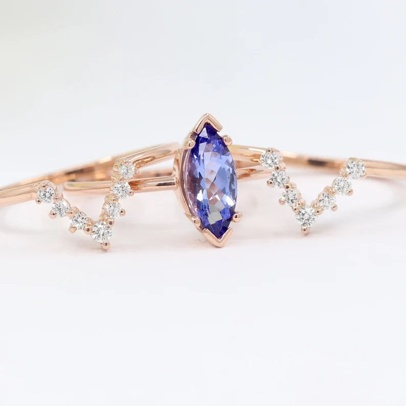 14K MARQUISE TANZANITE RING DIAMOND V BAND 3 RING SET