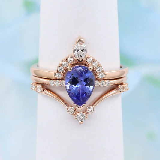 14K PEAR TANZANITE RING MARQUISE DIAMOND CROWN U BAND 3 RING SET