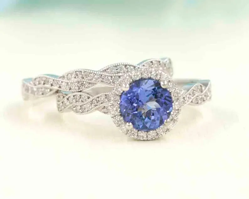 14K TANZANITE DIAMOND HALO RING DIAMOND TWIST BAND 2 RING SET