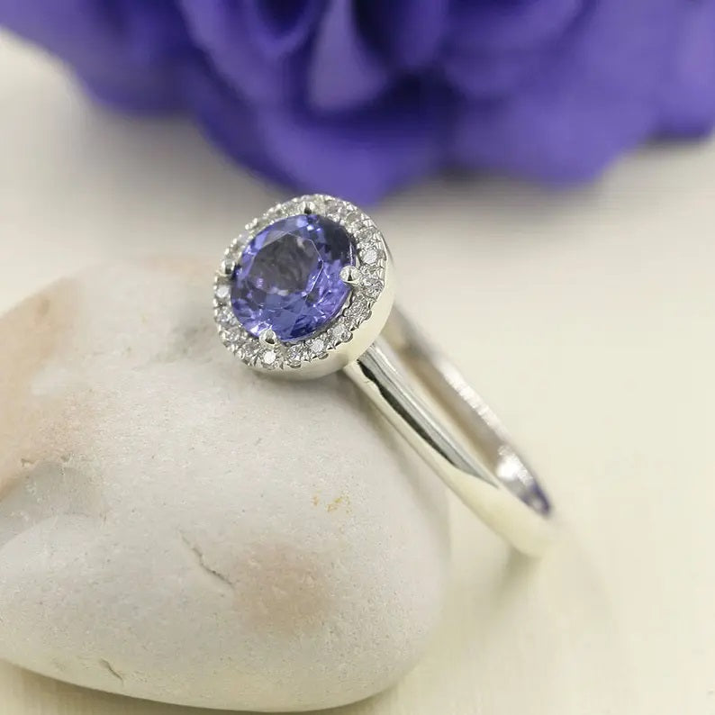 14K TANZANITE DIAMOND HALO SOLITAIRE RING