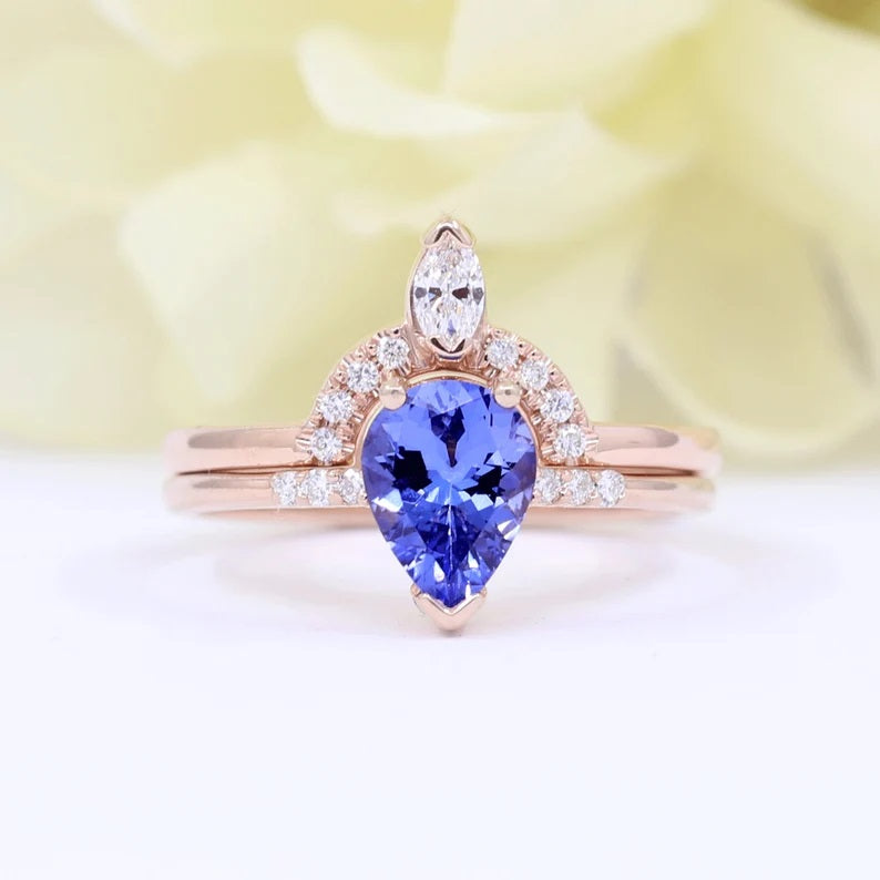 14K PEAR TANZANITE RING MARQUISE DIAMOND CROWN U BAND 2 RING SET