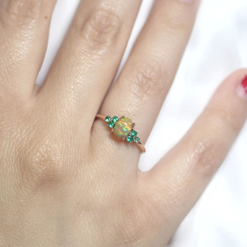14K OVAL OPAL EMERALD CLUSTER RING