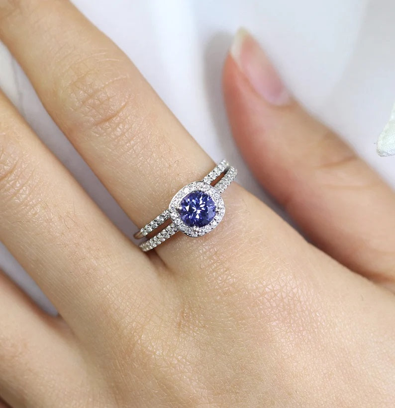 14K TANZANITE DIAMOND HALO RING DIAMOND BAND 2 RING SET