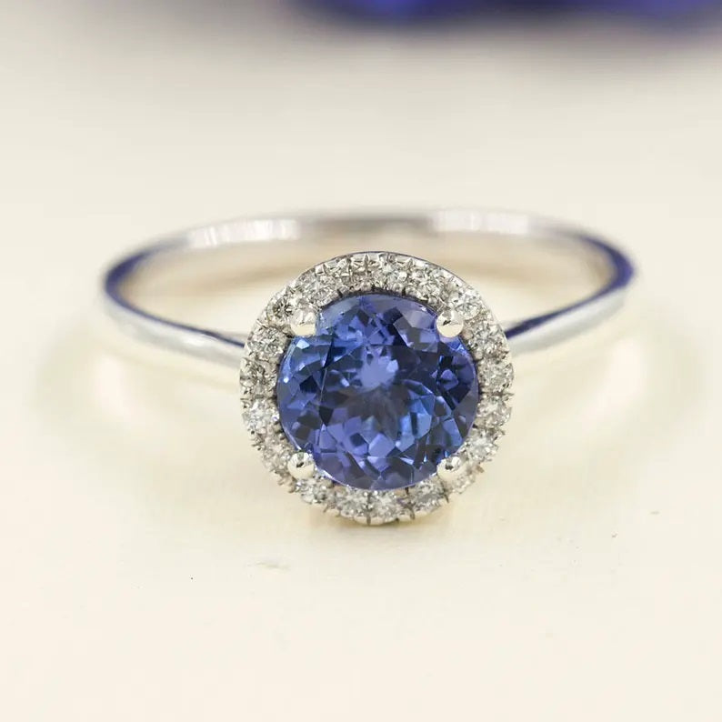 14K TANZANITE DIAMOND HALO SOLITAIRE RING