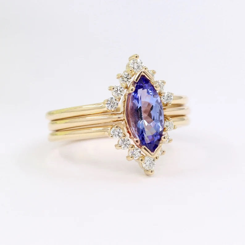 14K MARQUISE TANZANITE RING DIAMOND V BAND 3 RING SET