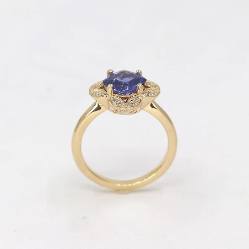 14K CUSHION TANZANITE DIAMOND FLOWER RING