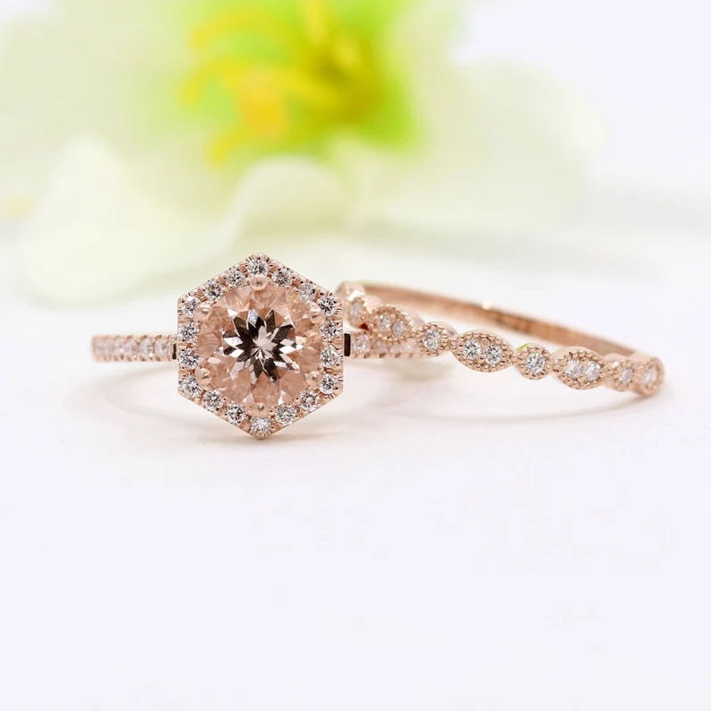 14K MORGANITE DIAMOND HALO HEXAGON RING ART DECO BAND 2 RING SET