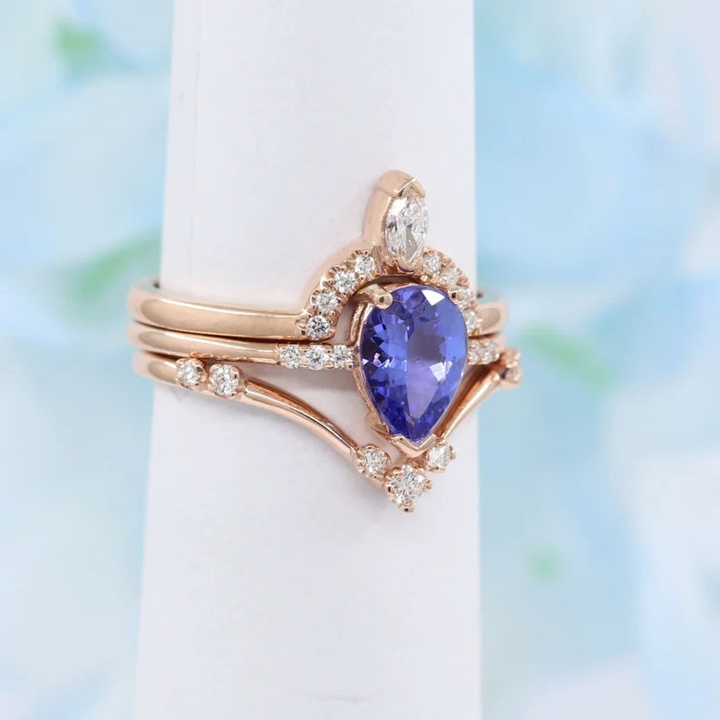 14K PEAR TANZANITE RING MARQUISE DIAMOND CROWN U BAND 3 RING SET