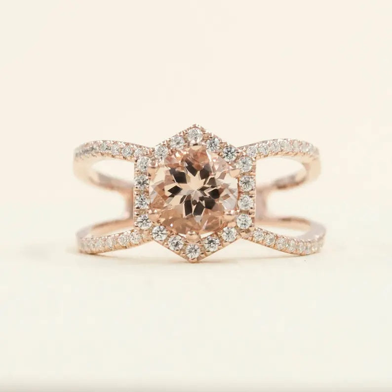 14K MORGANITE DIAMOND HALO HEXAGON DOUBLE BAND RING