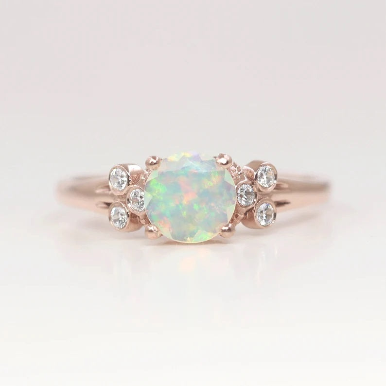 14K DIAMOND CUT ROUND OPAL DIAMOND BEZEL CLUSTER RING