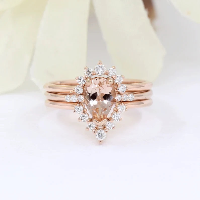 14K PEAR MORGANITE RING DIAMOND BAND 3 RING SET