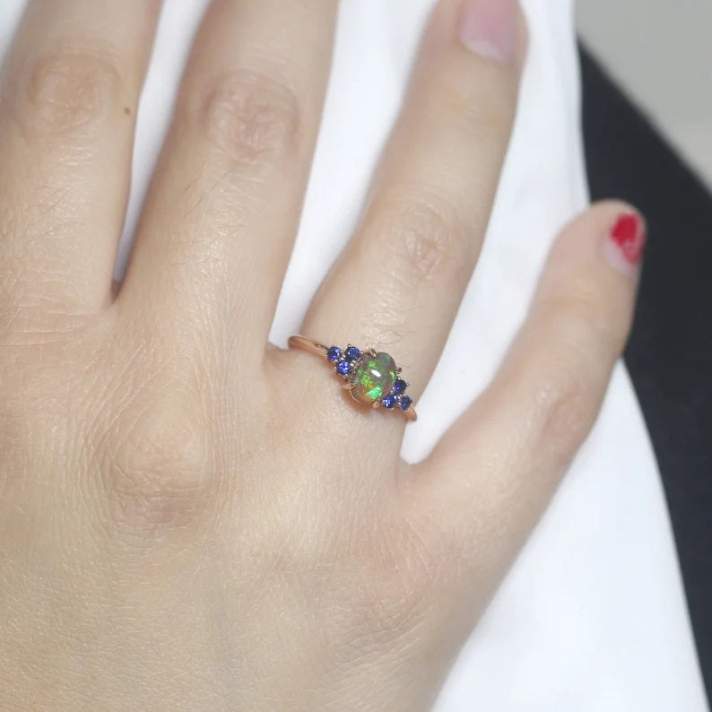 14K OVAL OPAL SAPPHIRE CLUSTER RING