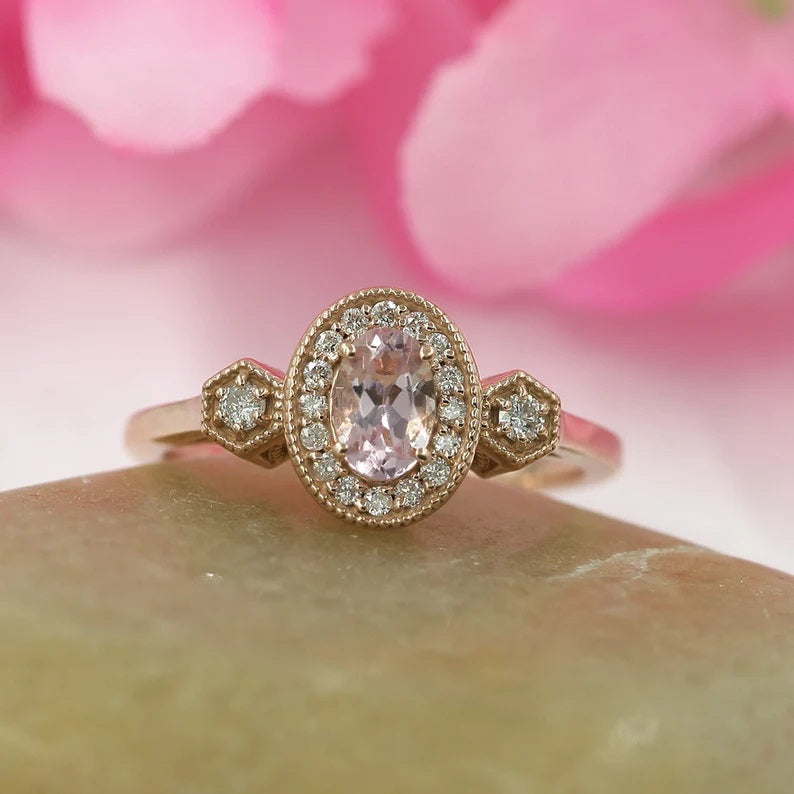 14K OVAL MORGANITE DIAMOND HALO VINTAGE STYLE RING