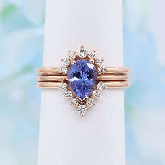 14K PEAR TANZANITE RING DIAMOND V BAND 3 RING SET