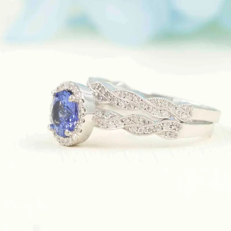 14K TANZANITE DIAMOND HALO RING DIAMOND TWIST BAND 2 RING SET