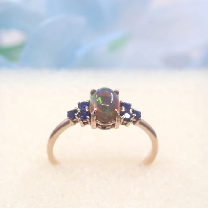 14K OVAL OPAL SAPPHIRE CLUSTER RING