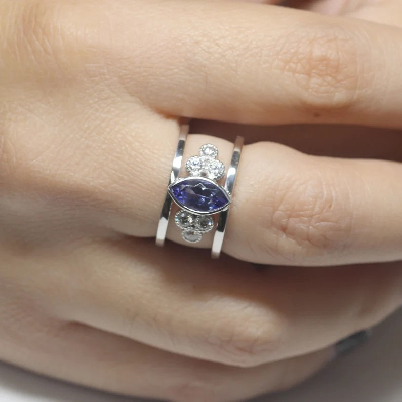 14K MARQUISE TANZANITE DIAMOND CLUSTER GUARD RING