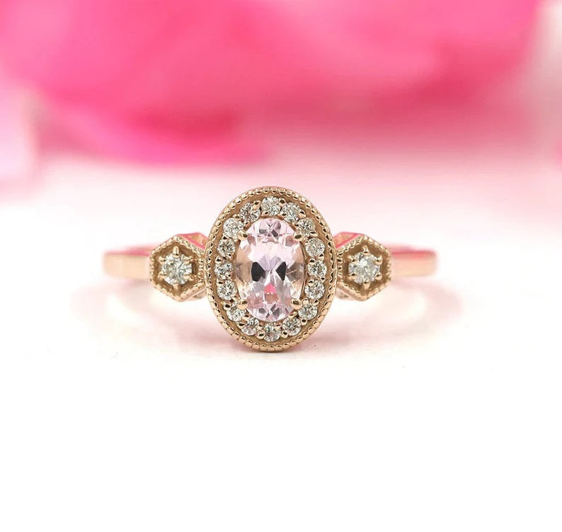 14K OVAL MORGANITE DIAMOND HALO VINTAGE STYLE RING